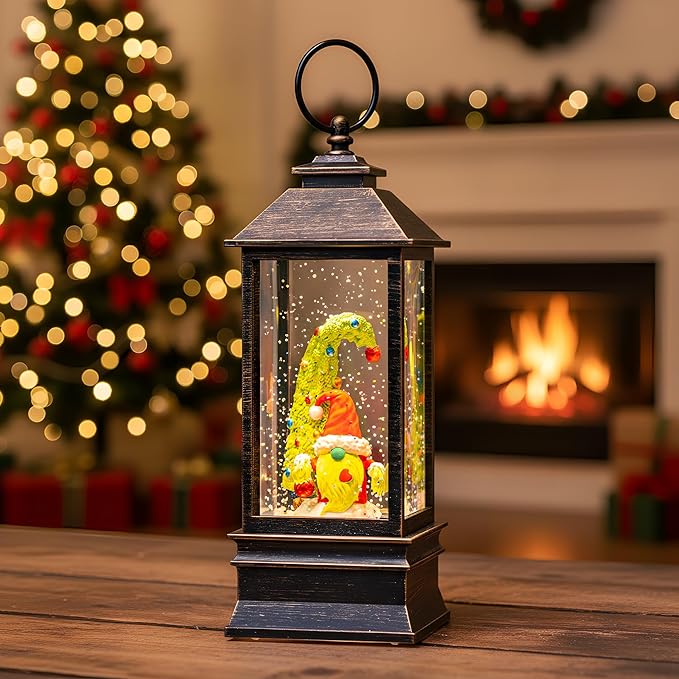 10'' Christmas Gnomes Snow Globe Lantern Lighted Whimsical Christmas Tree & Santa Elf Musical Water Lantern Swirling Glittering Home Decoration and Gift, Battery Operated or USB Powered