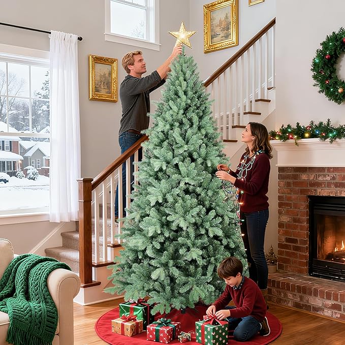 9 Ft Blue Spruce Artificial Christmas Tree, Hinged Unlit Xmas Trees with 3268 PE&PVC Mixed Branch Tips, Home Holiday School Decor with Foldable Base Easy Setup