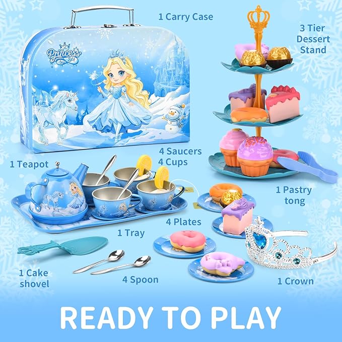 43-Piece Princess Tea Set Playset for Kids – Pretend Play Kitchen Toy with Teapot, Desserts & Carrying Case | Toddler Tea Party Toys, Imaginative Role Play, Birthday Gift for Girls Ages 3-8