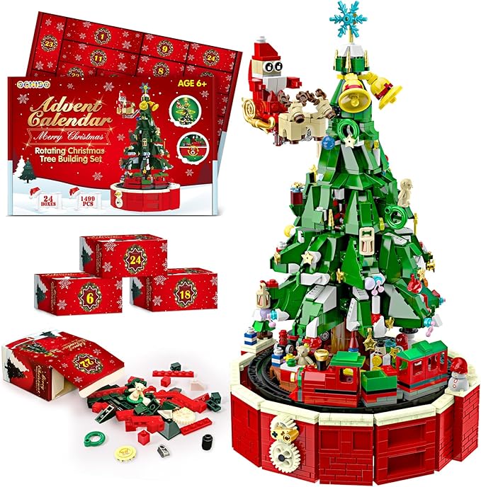 Ochido Advent Calendar 2025 Rotating Christmas Tree Building Blocks Kit, 24 Days Christmas Countdown Toy Building Set, Christmas Advent Calendars for kids Ages 6+, Xmas Gifts for Adults Teens Kids