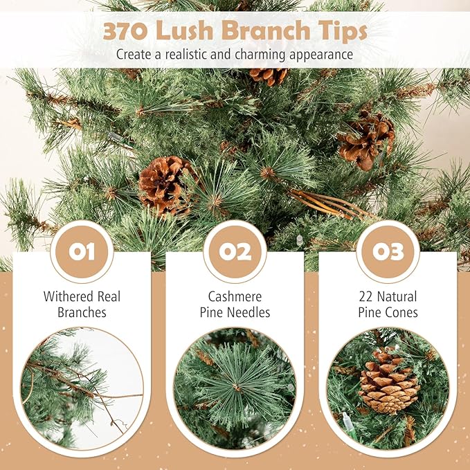GOFLAME 6FT Pre-lit Christmas Tree, Artificial Xmas Tree with 200 Warm White LED Lights, 370 Branch Tips, Withered Branches, Pine Needles & 22 Pine Cones, Holiday Decoration Tree for Home Party