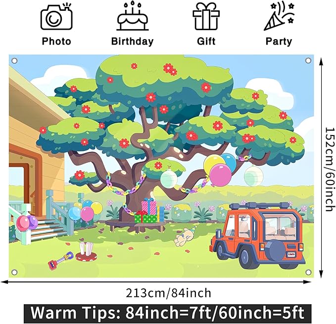 7x5FT Cartoon Dog Garden Tree Backdrop, Blue Sky Ballon Birthday Polyester Photography Background for Parties, Happy Birthday Photo Booth Prop Decorations