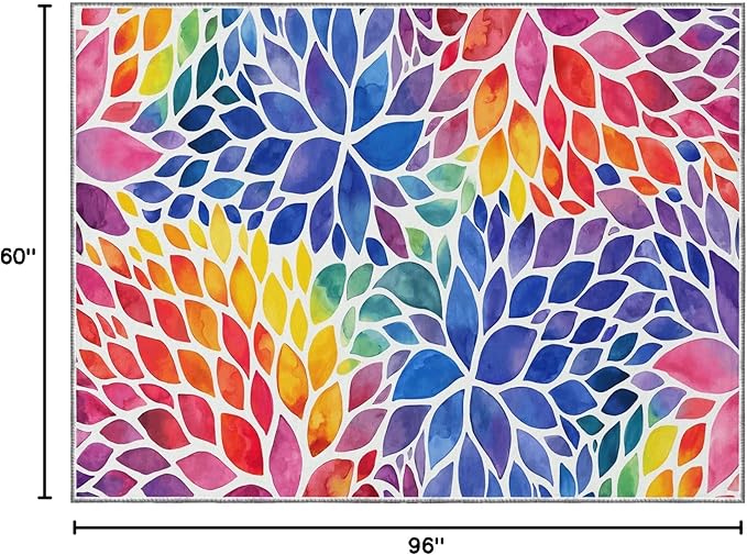 Abstract Colorful 8x10 Area Rug Modern Rainbow Dahlia Floral Rugs Multicolor Kids Area Rugs, Non-Slip Machine Washable Floor Carpet for Bedroom Living Room Playroom Classroom Dorm Office 8' x 10'