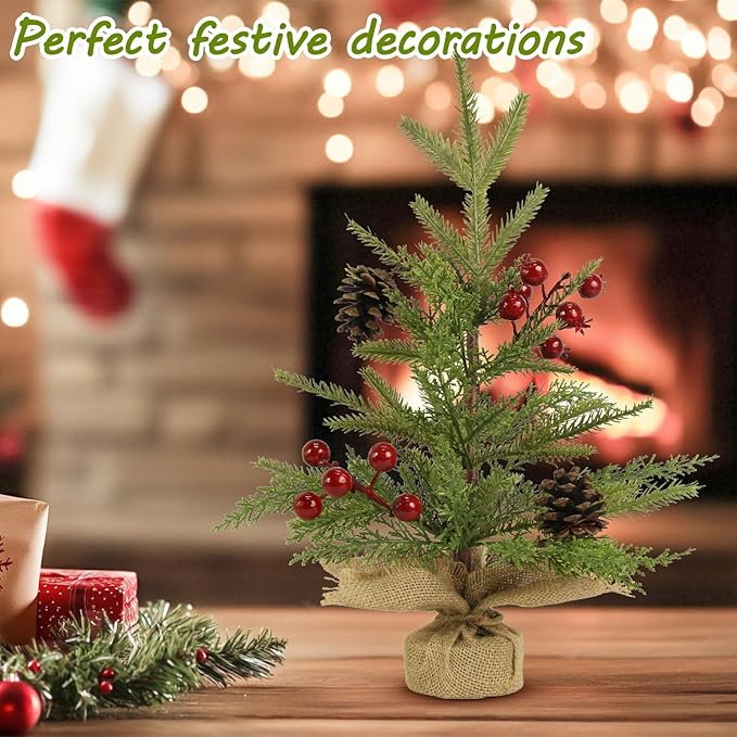 Mini Christmas Tree, 18.5 inch Tabletop Artificial Small Christmas Tree with Red Berries Pinecones Small Xmas Tree for Home, Dining Room, Office, Hotel, Party Desk, Table Top, Mantel