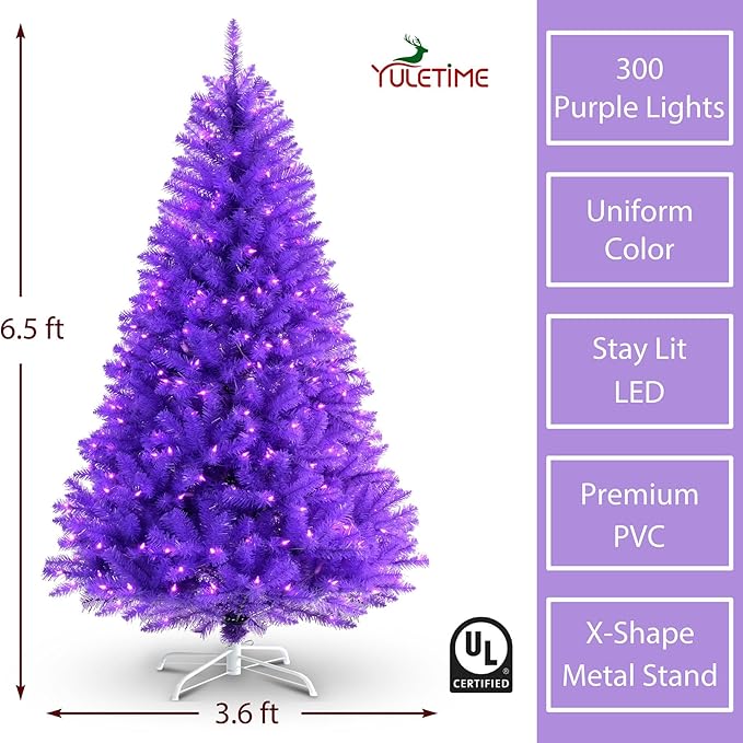 YULETIME 6.5 Feet Pre-Lit Purple Christmas Tree, Artificial Holiday Decorative Tree with UL Listed 300 Purple LED Christmas Lights with Matching Color Wire
