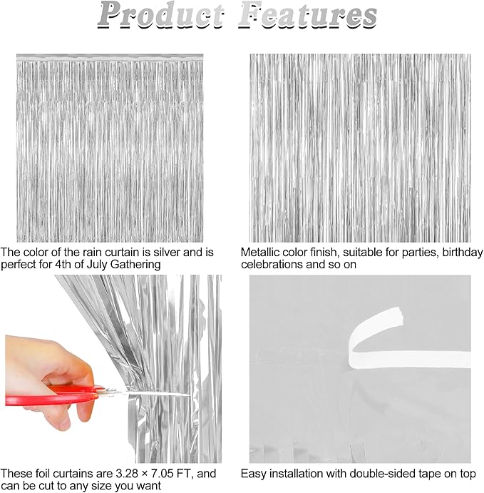 12 Pack Silver Backdrop. 3.28 FT x 7.05 FT Birthday Decorations, Metallic Silver Fringe Backdrop Foil Curtains Tinsel, Disco Party Decor Photo Booth Props Door Decorations Hanging