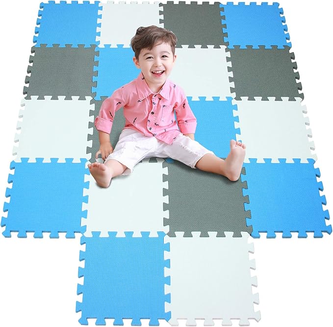 meiqicool Foam Play Mat Thick Soft EVA Interlocking Foam Floor Mats Children Yoga Exercise Multi Jigsaw Puzzle Blocking Board Kids Playmats Play White-Blue-Grey 18 Piece AGL