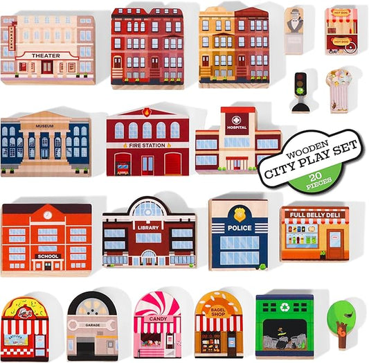 20 Pc Wooden City Play Set - Wooden Town Buildings and Street Signs for Play Mats, Toy Cars and Trains - Educational Preschool Track Accessories - Community Helpers Stacking Blocks Learning Toddler