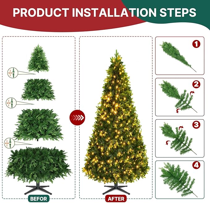 9FT Christmas Tree with Auto-Rotating Stand, Green Pre-Lit Artificial Xmas Trees with Remote & Music Function, PE&PVC, 2512 Branch Tips, 600 LEDs, Warm & Multi-Color Light, 8 Lighting Modes