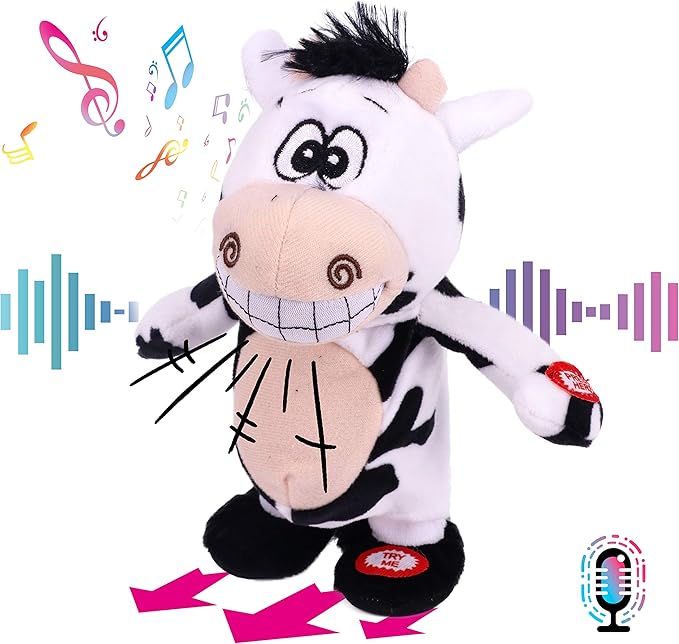 Hopearl Talking Singing Cow Repeats What You Say Walking Electric Interactive Animated Toy Speaking Plush Buddy Gifts for Toddlers, 8''