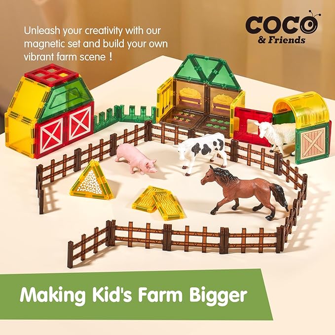 COCO&Friends Magnetic Tiles Farm Animals for Toddlers Kids Ages 2-8 - Magnetic Blocks Building STEM Toys for 3 Year Old Girl Boy Birthday Gift - Montessori Educational Construction Sensory Magnet Toys