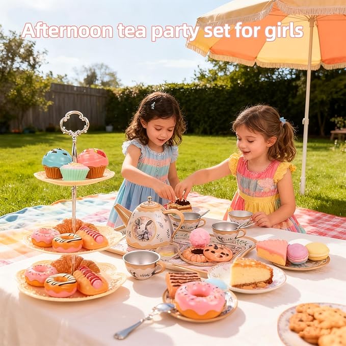 Tea Party Set for Girl, Tea Time Toys Including Tea Set Dessert Carrying Case, Kids Picnic Pretend Playset for Little Girls Birthday Toddler Kids Age 3-7