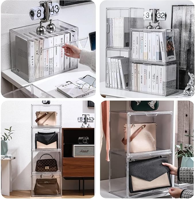 Clear Stackable Plastic Storage Bins with Magnetic Lid, Dustproof Book & Cosmetic Display Cases, Large Figures Collectibles Showcase, Shoe Box, Protection Organizer (Transparent, L-1 Pack)