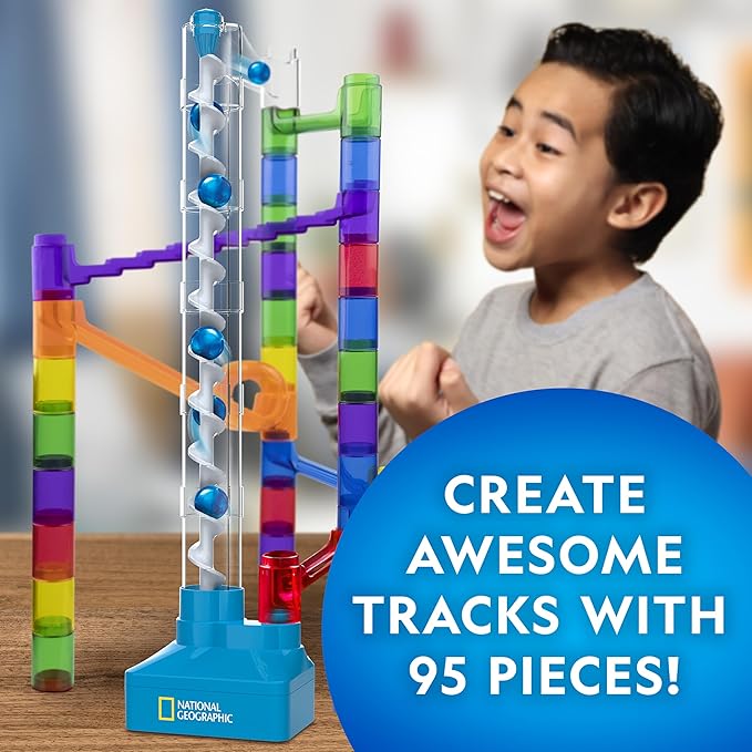 National Geographic Marble Run with Motorized Elevator - 95-Piece Marble Maze Kit with Motorized Spiral Lift, 20 Marbles, Perpetual Motion Machine, STEM Gifts for Boys and Girls, Kids Physics Toys