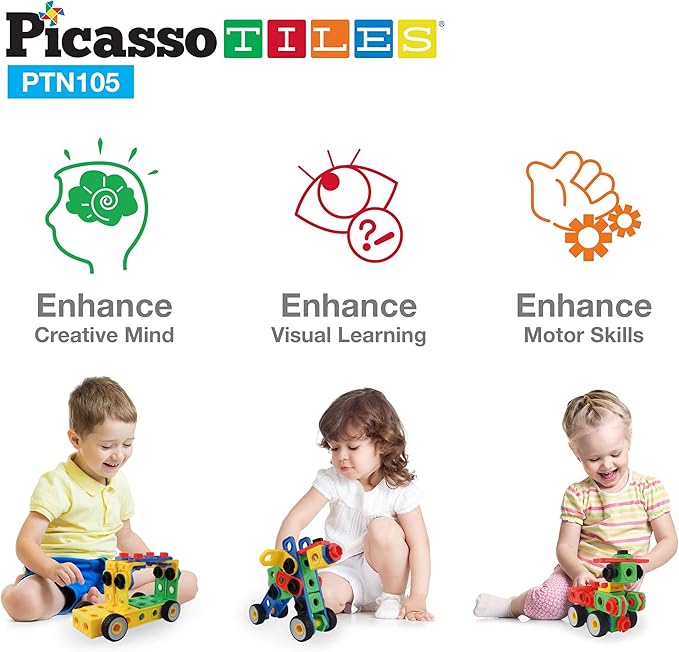 Picasso Toys STEM Learning Toys 105 Piece Building Block Set Kids Construction Engineering Kit Toy Blocks Children Early Education Playset w/IdeaBook, Power Drill, Clickable Ratchet, Age 3+ PTN105