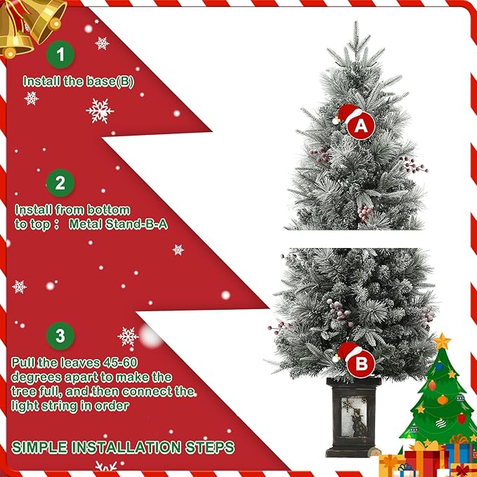 GarveeHome 4.5 ft Pre-Lit Flocked Artificial Christmas Tree with Pine Cones, Artificial Xmas Tree w/ 386 Branch Tips & 200 Lights, Snowman Base for Home, Party Decoration,1 PCS