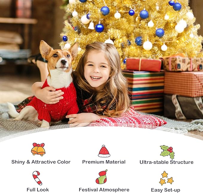 GOFLAME 7.5 FT Christmas Tree, 1036 Branch Tips, Artificial Tinsel Christmas Tree with Metal Stand, Artificial Hinged Christmas Tree for Indoor and Outdoor Holiday Decoration, Champagne Gold