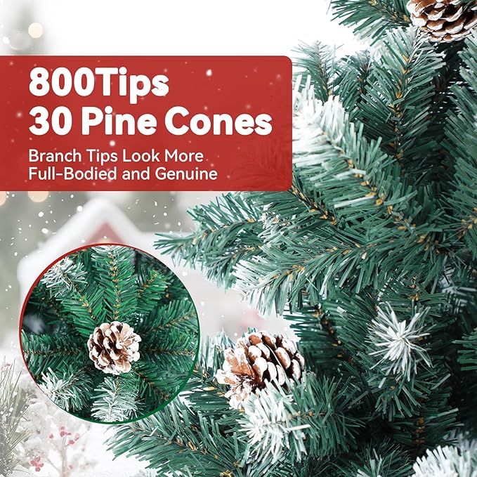 6FT Artificial Christmas Tree, Unlit Hinged Premium Xmas Trees with 800 Branch Tips, 30 Pine Cones, Foldable Metal Stand for Home, Office, Holiday Party Decoration