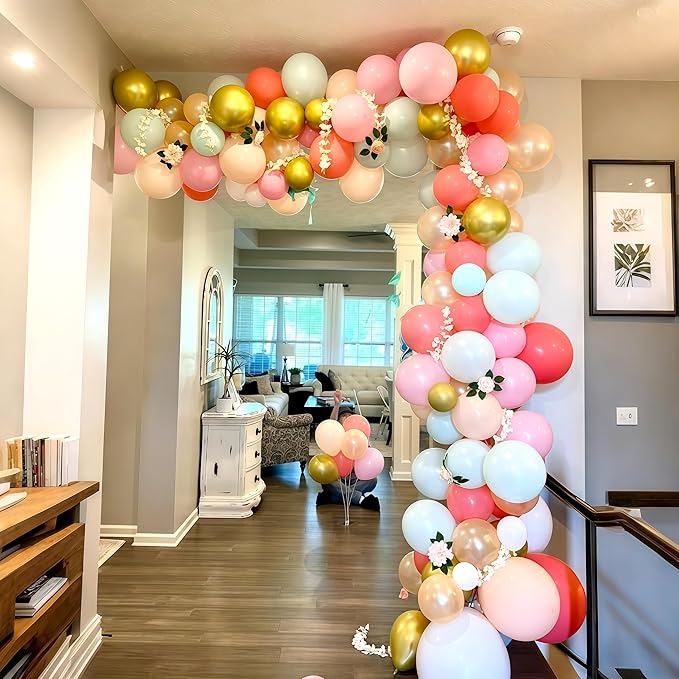 Pastel Balloon Garland Arch Kit, Colorful Coral Red Macaron Pink Orange Mint Teal Blue Champagne Metallic Gold Multicolor Latex Balloons Arch for Girls Birthday Wedding Baby Shower Party Decorations