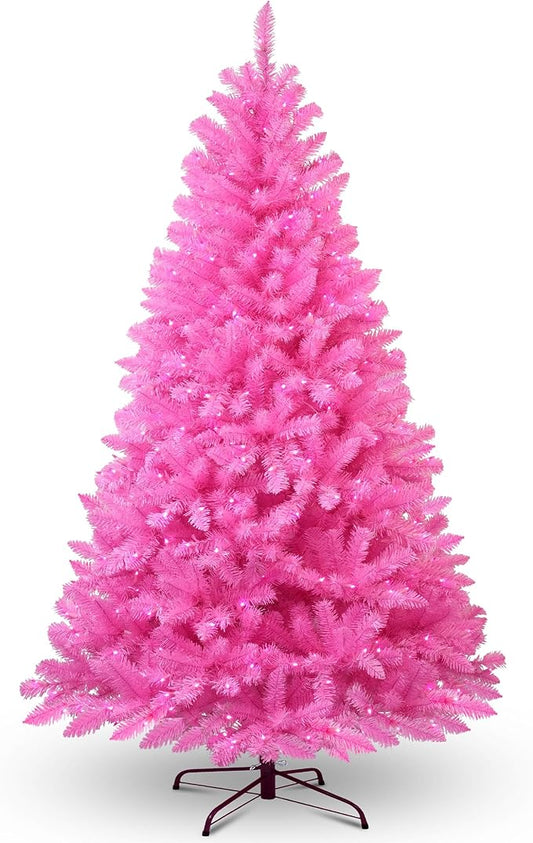YULETIME 6.5 Feet Pre-Lit Pink Christmas Tree, Artificial Holiday Decorative Tree with UL Listed 300 Pink LED Christmas Lights with Matching Color Wire
