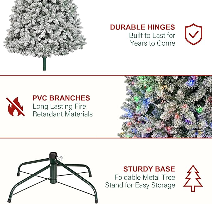 Hykolity 7.5 ft Prelit Snow Flocked Christmas Tree with Remote Control, 1446 PVC Branch Tips Artificial Hinged Christmas Tree with 450 Multi-Color RGB Lights for Home, 15 Modes