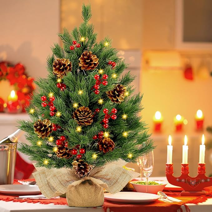 [ 8 Modes & Timer] 24 Inch Realistic Tabletop Christmas Tree Small Christmas Tree with 50 Warm Lights Battery Operated Red Berries Pine Cone Burlap Base Indoor Home Table Christmas Decorations