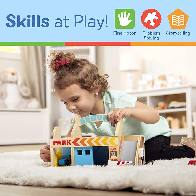 Melissa & Doug Service Station Parking Garage With 2 Wooden Cars and Drive-Thru Car Wash (SIOC)