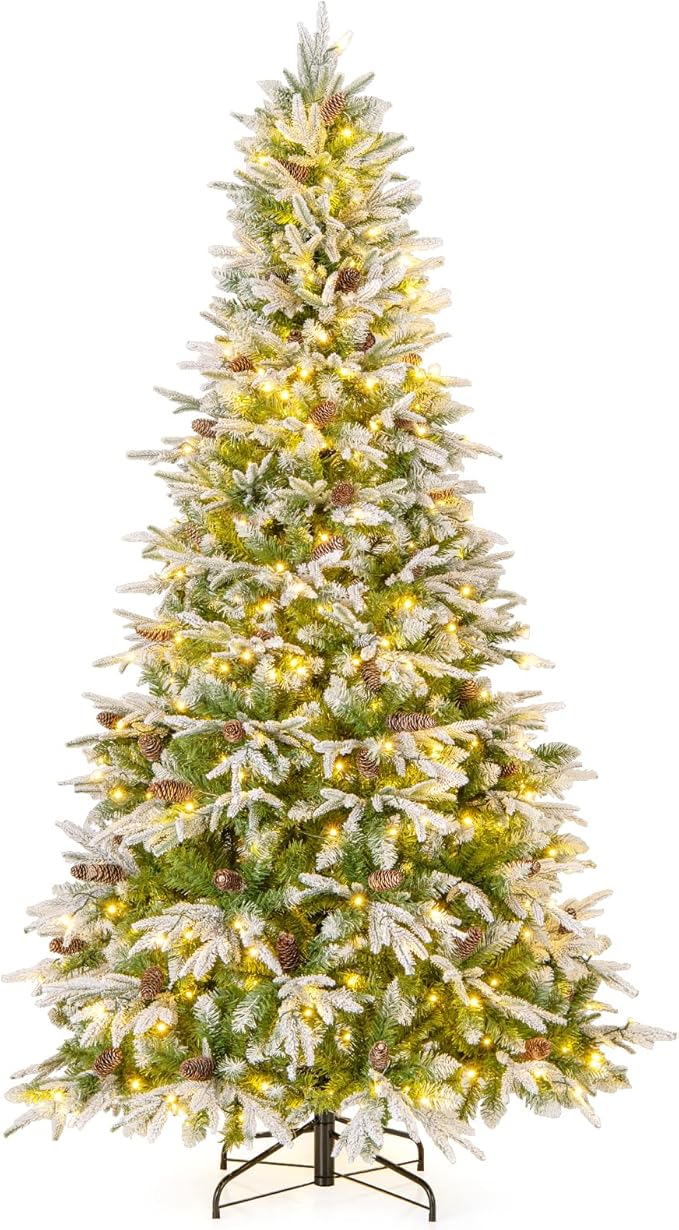 Goplus 7.5 FT Pre-Lit Artificial Christmas Tree, Snow Flocked Hinged Xmas Tree with 470 Warm-White LED Lights, 1135 Tips, 81 Pine Cones, Lighted Xmas Tree for Office Home Decoration