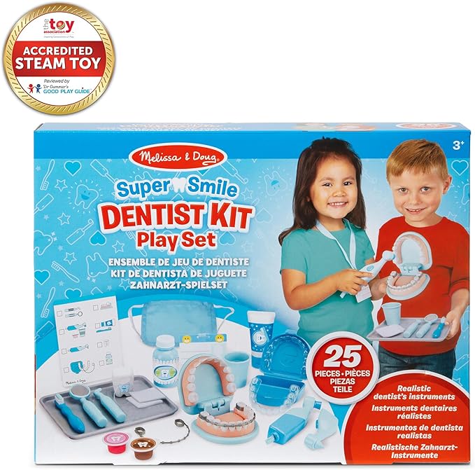 Melissa & Doug Super Smile Dentist Kit With Pretend Play Set of Teeth And Dental Accessories (25 Toy Pieces) Pretend Dentist Play Set, For Kids Ages 3+