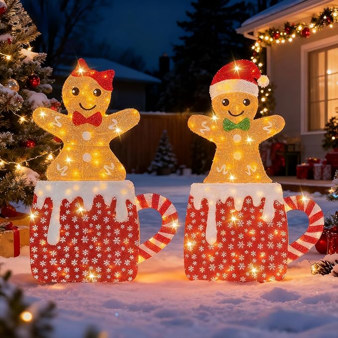 2D Light Up Gingerbread Man Christmas Decorations, 42 Inch Lighted Christmas Outdoor Decorations Yard with 160L, 2Pcs Gingerbread Man Couple Xmas Festive Holiday Front Garden Patio Yard Lawn Display