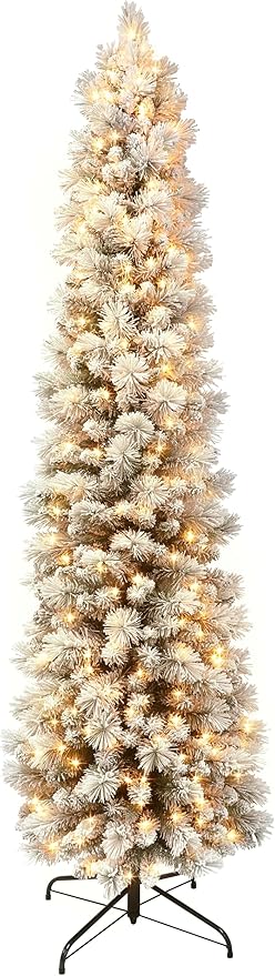 Puleo International 6.5ft Flocked Portland Pine Pencil Christmas Tree with 300 Clear Lights, 410 Realistic Dense Branch Tips, Easy Setup Artificial Trees with Sturdy Metal Stand