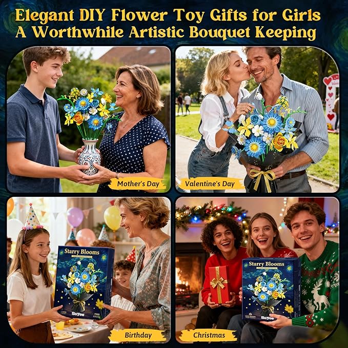 Flowers Building Kit Botanical Collection Compatible with Lego Flowers Set, Gifts for Adult Girls & Women, Home and Office Decor Gift for Christmas Day, Valentines, Birthday