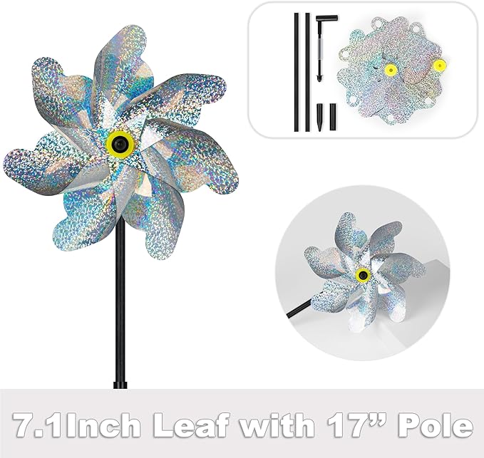 12 Pcs Reflective Pinwheels with Stakes, Sparkly Garden Pinwheels, Silver Wind Spinners for Yard and Garden