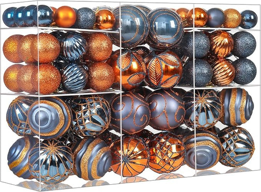 100Pcs Christmas Ball Ornaments Set, Shatterproof Plastic Blue & Orange Christmas Ornaments for Xmas Tree, Assorted Baubles Hanging Decorations for Holiday/Party/Wedding (Blue & Orange)