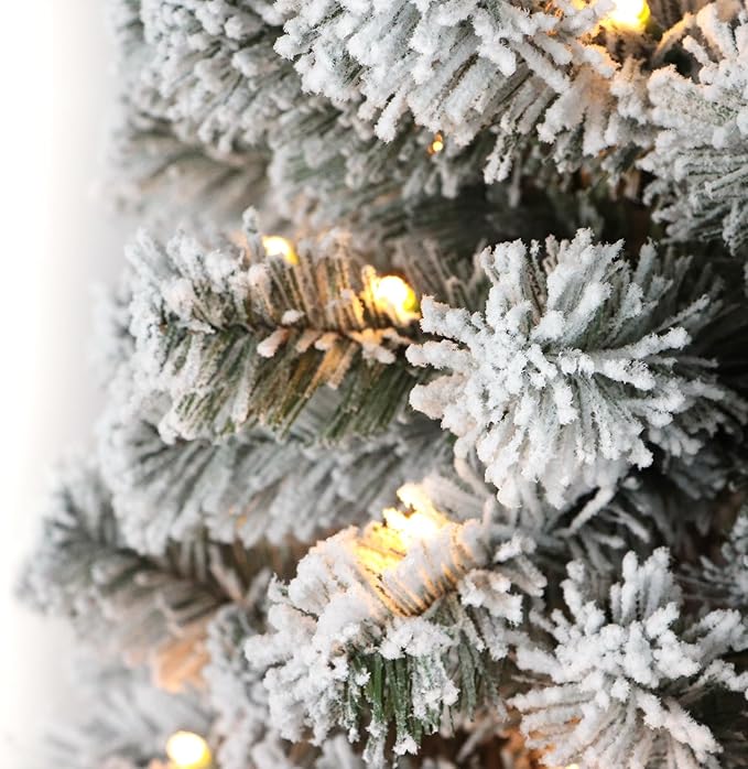 6ft Pre-lit Flocked Elwood Pine Christmas Tree with 717 Branch Tips, 300 Radiant Warm White LED Lights - Captivating Realism and Enchanting Holiday Aura