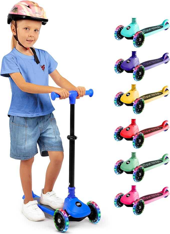 SereneLife 3 Wheel Foldable Kids Scooter - Foldable Seat, LED Wheel Lights, Adjustable Handlebar, Rear Foot Brake, Lean-to-Steer, Anti-Slip Deck, Ideal for Toddlers Kids 3+, up to 110Lbs
