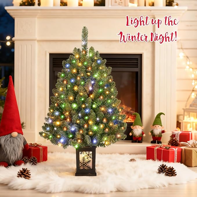 3FT Small Christmas Tree, Artificial Christmas Tree with 100 Lights & Lighting Base, Prelit Mini Tree for Christmas Decor,Tabletop Christmas Tree, 10 Modes Lighting Control, Timer Operated Operated