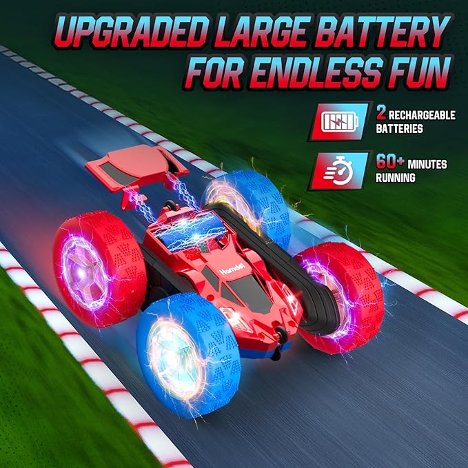 Remote Control RC Car for Kids 6-12, High-Speed 4WD Stunt Car with LED Lights & 360° Rotation, 2.4GHz Off-Road Vehicle Toy with Rechargeable Battery, Cool Christmas and Birthday Gift for Boys