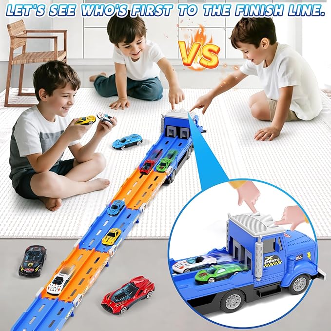 HONGTUO Toddler Truck Track Set with Lights & Sounds – 55-Inch Racing Track with 6 Die-Cast Cars, Perfect Birthday for 3 4 5 6 7 Years Old Boys and Girls