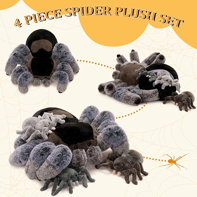 MorisMos 4Pcs Large Spider Plush, 16inch Mommy Spider Stuffed Animal with 3 Babies, Realistic Plush Toys, Soft Cuddly Gifts for Kids