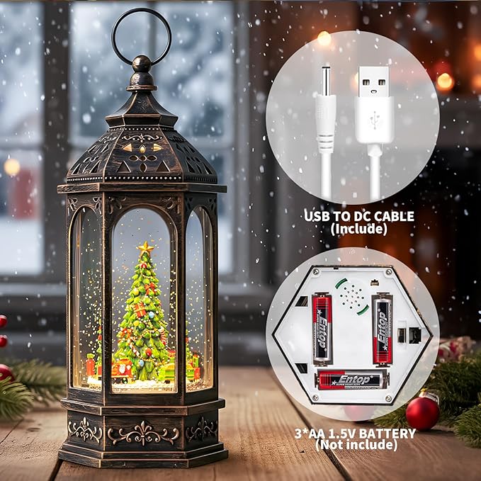 Christmas Snow Globe Lantern Octagon Rotating Train Christmas Tree Scene Music Box, USB and Battery Powered Christmas Decorations Presents.