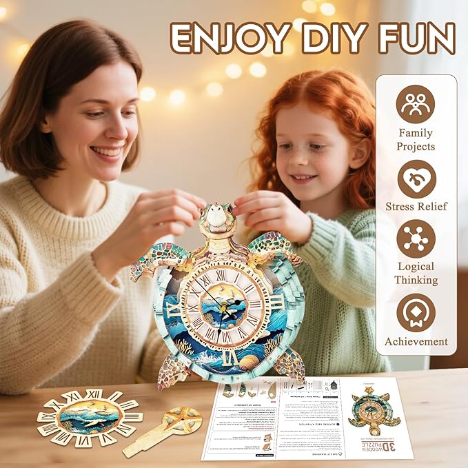 3D Puzzles for Adults Clock-Turtle Design Model Kit-Mechanical DIY Pendulum Clock with Roman Numerals-Desk Home Office Decor Personalized Gift for DIY Lovers