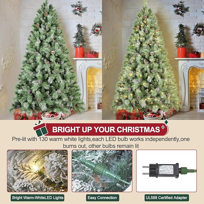 Pre-lit Christmas Tree 8ft, PLuxury Pine Needle -Premium Christmas Trees with Lights Flocked Prelit Trees-Artificial Xmas Tree