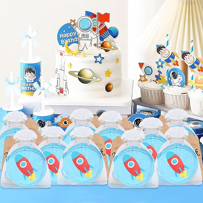 36 Pack Rocket Change Purses Set Include 12 Wallets with Keyring,12 Thank YouTags and 12 Organza Bag for Outer Space Science Fiction Themed Party, Kids Baby Shower Birthday Decor, Blue