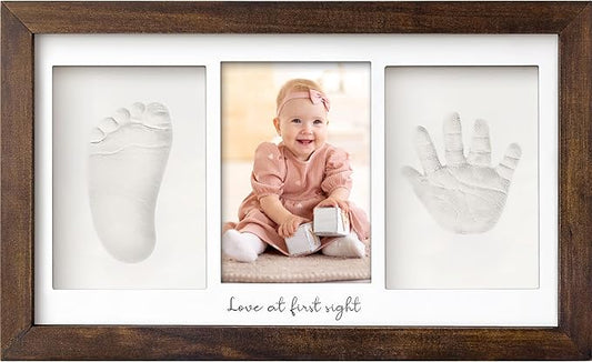 Baby Hand and Footprint Kit - Clay Handprint Keepsake Frame, Newborn Nursery Picture Frame, Personalized New Mom Gifts for Baby Shower & Registry (Dark Walnut)