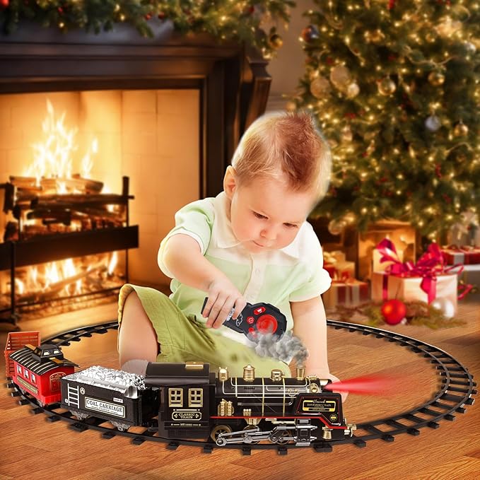 JUQU Train Set - Electric Train Set w/Remote Control, Smoke, Light, Whistle, Toy Train Set for Under Christmas Tree w/Track, Toddler Model Trains for 3 4 5 6 7 8+ Years Old Boys Christmas Toys Gift