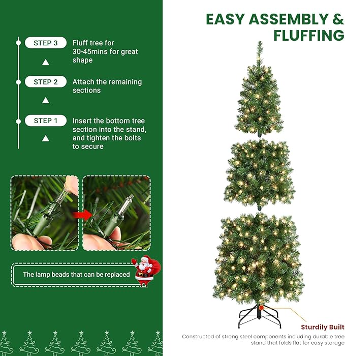 SHareconn 7 ft Prelit Artificial Hinged Slim Pencil Christmas Tree with Warm White Lights, Full Branch Tips, Good Choice Decoration for Xmas Holiday, 7 FT, Green
