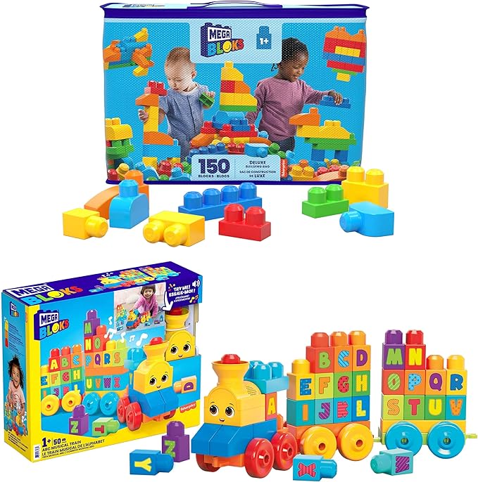 Mega BLOKS First Builders Deluxe Building Bag + ABC Musical Train, Building Set Bundle, Blue Bag, 200 Pieces