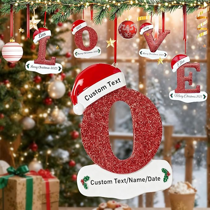 Personalized Letter Christmas Ornaments 2025, Custom Xmas Ornaments Decorations for Christmas Tree with Name 3D Resin Xmas Hanging Pendant Original Gifts for Family Friends (O)