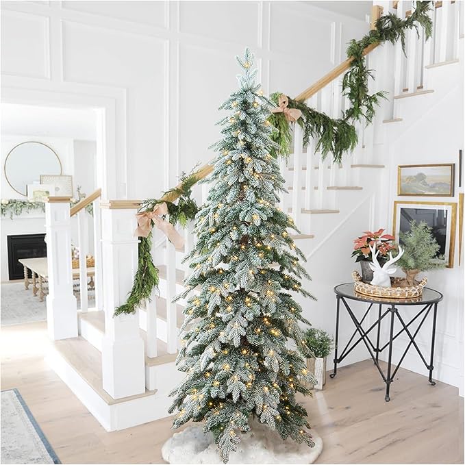 Glitzhome 7.5ft Prelit Christmas Tree, Artificial Christmas Tree with 350 Warm White Lights, Flocked Pencil Christmas Trees Chicago Frostwood Spruce with 1211 PE&PVC Branch Tips,Sturdy Metal Stand